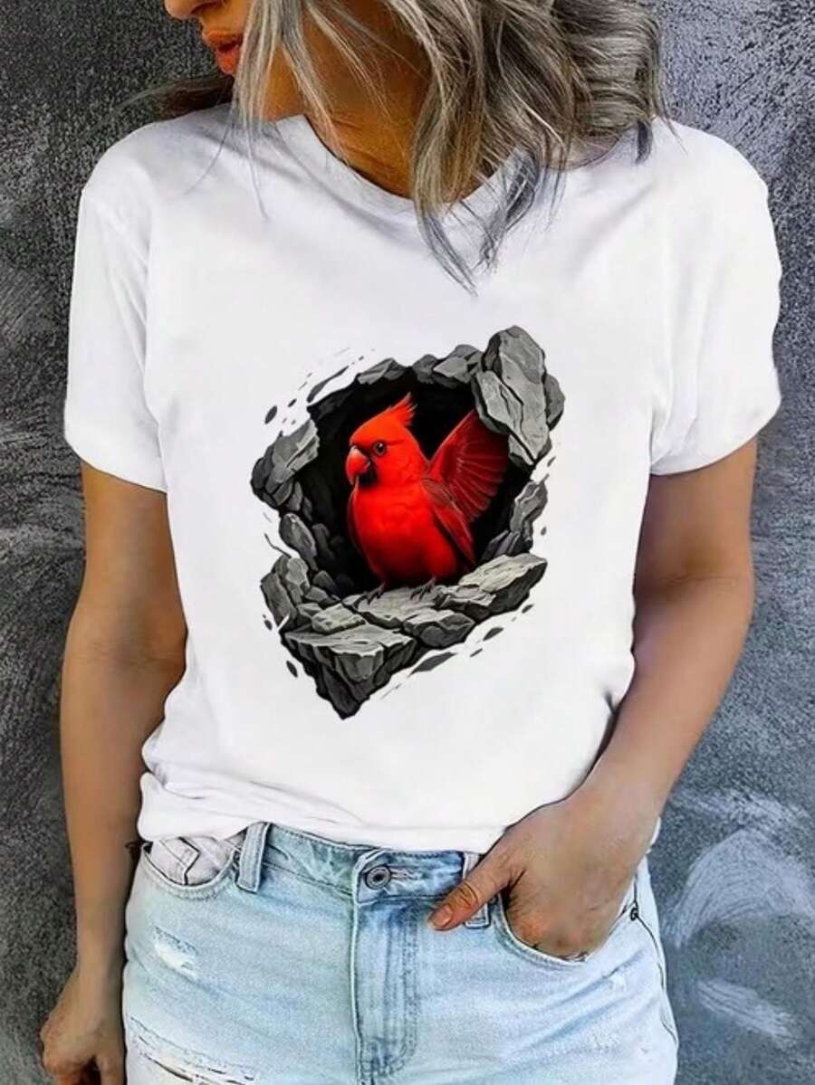 Women's Plus Size Crew Neck Casual T-Shirt With Fun Print Of A Red Cardinal Piercing A Broken Rock, Machine Washable, Casual And Versatile, Loose And Comfortable, A Perfect Gift For A Good Friend - White - View 1