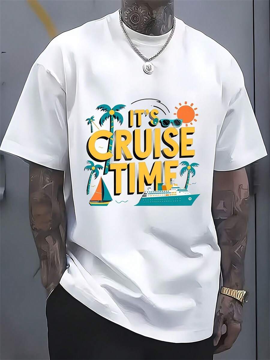 Casual Round Neck T-Shirt, Ocean Travel Design, Breathable Summer Fabric, Available In Various Colors, An Ideal Gift For Holidays And Days Off. - 白色 - 查看 1