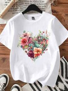 Bohemian Style Floral Heart Print T-Shirt, Romantic Flower And Leaf Design For Casual And Everyday Wear, Cotton T-Shirt - 白色 - 查看 4