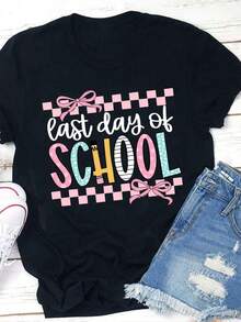 Camiseta de mujer "Último Día" - Diseño divertido con letras, estrellas y patrón a cuadros con adornos de lazo de lápiz - Regalo para maestras, camiseta para vacaciones de verano, estilo casual holgado lavable a máquina, camiseta con estampado divertido estilo universitario, tela cómoda de fácil cuidado, cuello redondo y manga corta, diseño exclusivo y divertido para maestras y educadores. - Negro - Ver 5