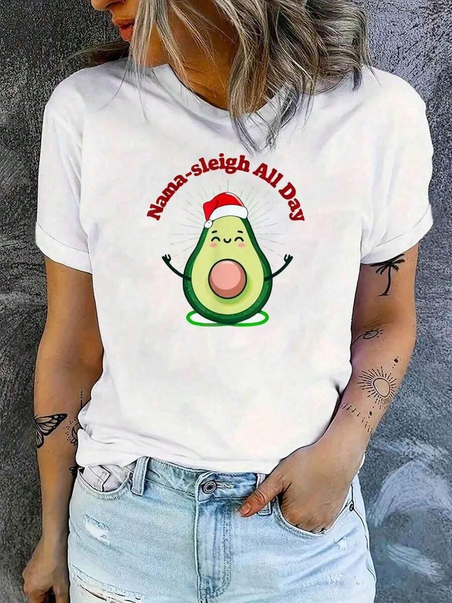 Funny Short Sleeve Yoga T-Shirt, Plus Size, 100% Pure Cotton, Nama-Sleigh All Day Namaste Avocado Print, Funny Printed T-Shirt For Women, 100% Cotton - 白色 - 查看 1
