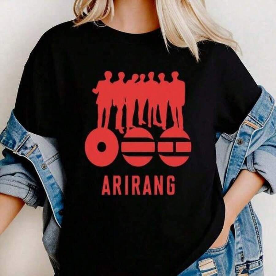 Camiseta Arirang con Estampado de Música Tradicional Coreana, Manga Corta, Cuello Redondo, Estilo Casual para Primavera/Verano, Ropa de Mujer, Copa Mundial 2026, Ropa de Mujer - Negro - Ver 1