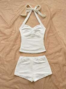 Conjunto de 2 piezas de top halter sin espalda y shorts, conjunto de ropa para vacaciones - Blanco - Ver 2