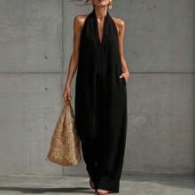 Women's Casual Sleeveless Jumpsuit Spring-Summer 2026, European American Minimalist And Elegant Style In Cotton Linen Fabric - 黑色 - 查看 3