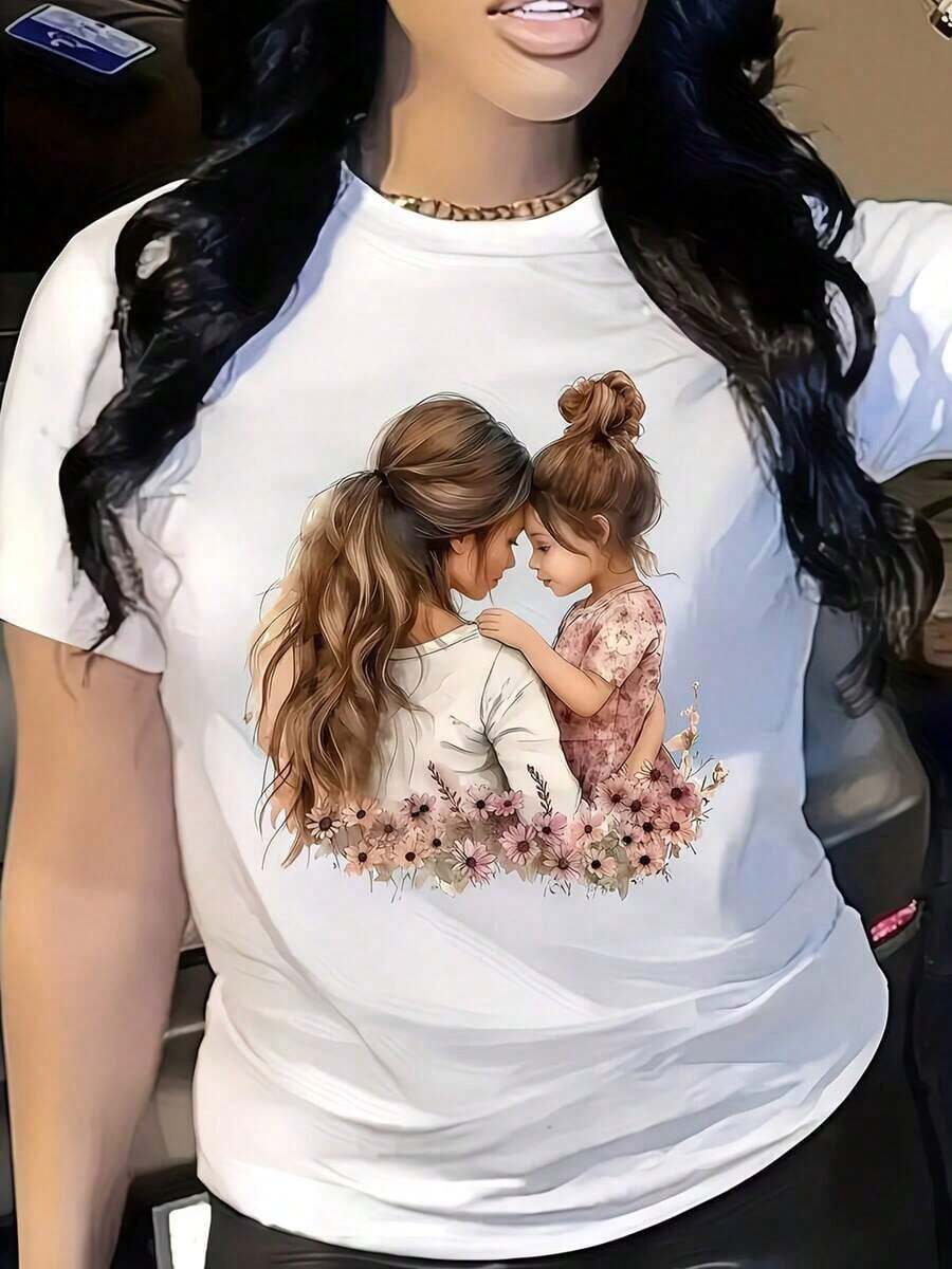 Primavera.1pac.100%Cotton.100% Cotton Casual White Cotton Round Neck Regular Short Sleeve T-Shirt With Mom And Daughter Graphic For Women.Grafica Vacanze - 白色 - 查看 1