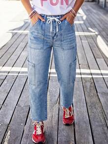 Women's Casual Straight-Leg Jeans, Drawstring Design, Long Length, Non-Stretch Fabric, Suitable For Daily Wear - Blue - View 4