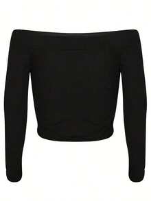 Blusa de manga larga ajustada con hombros descubiertos y acanalada, casual de primavera/verano  en color negro - Negro - Ver 4