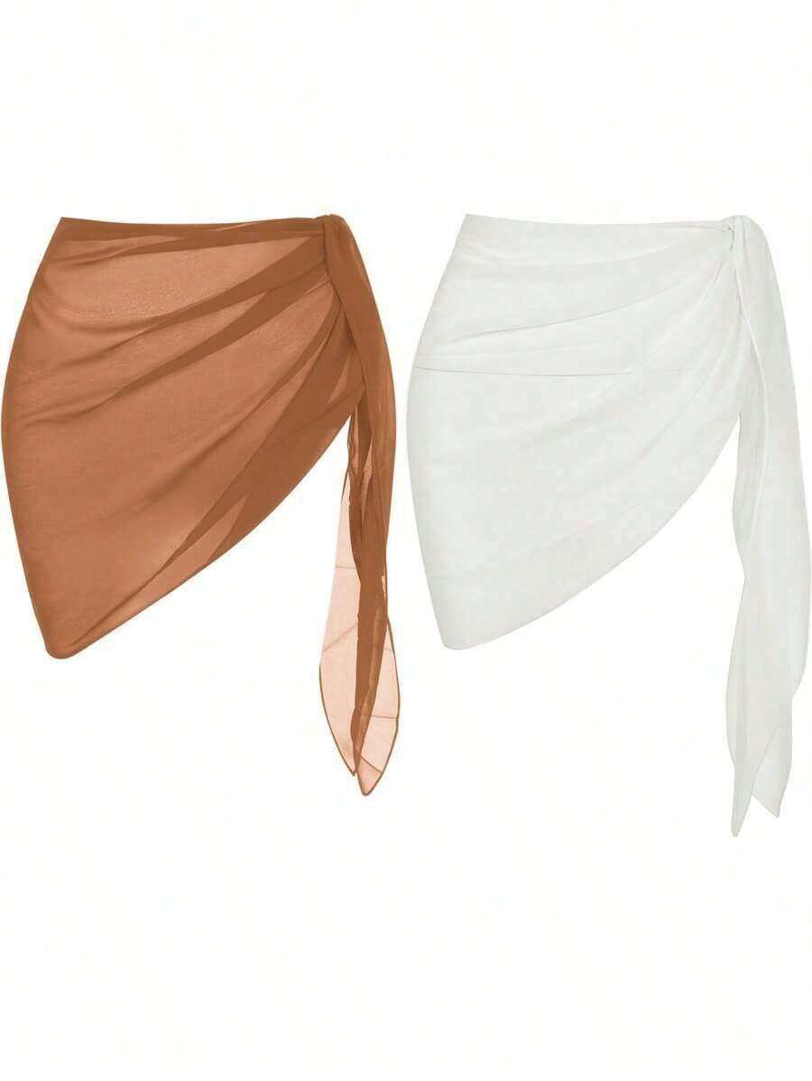Conjunto de falda cubierta de verano para mujeres en vacaciones en la playa con cintura ajustable y unicolor - Multicolor 7 - Ver 1