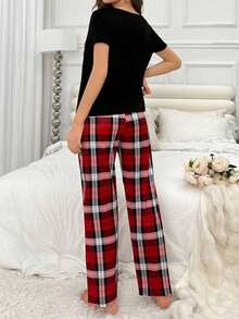 Conjunto De Pijama De Cuadros Para Mujer - Negro - Ver 2