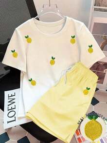 Conjunto de 2 piezas de camiseta y pantalones cortos casuales de mujer con bordado floral, para verano - Multicolor 4 - Ver 6