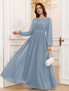 Vestido de dama de honor formal de gasa de manga larga hasta el suelo con corte evasé, color borgoña elegante, vestido de invitada de boda, mangas sin forro, primavera - Niebla azul - Ver 7