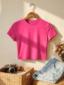 Camiseta de mujer de manga corta, cuello redondo, ajuste ceñido, estilo casual para primavera y verano, camiseta de mujer, top básico de mujer, top corto, top para exteriores en color blanco - Rosa Fucsia - Ver 3