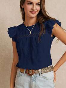 Temporada de vacaciones de verano y de bodas, excelente blusa de unicolor con ribete de volantes, verano, top lindo, elegante y romántico, estilo bohemio chic, estilo casual, esencial, verano, temporada de bodas - Azul marino - Ver 5