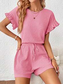 Conjunto de 2 piezas para mujer: Top de manga corta y shorts de cintura elástica - Rosa - Ver 3