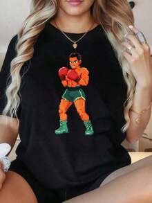 Camiseta de manga corta con cuello redondo para mujer, con estampado gráfico de artista de boxeo en estilo pixel art. Camiseta casual negra para mujer, estilo streetwear, camiseta de moda. Los estampados divertidos son adecuados para fiestas de Navidad, actividades deportivas, fiestas de vacaciones, salidas, deportes y otros regalos navideños (220g). - Negro - Ver 1