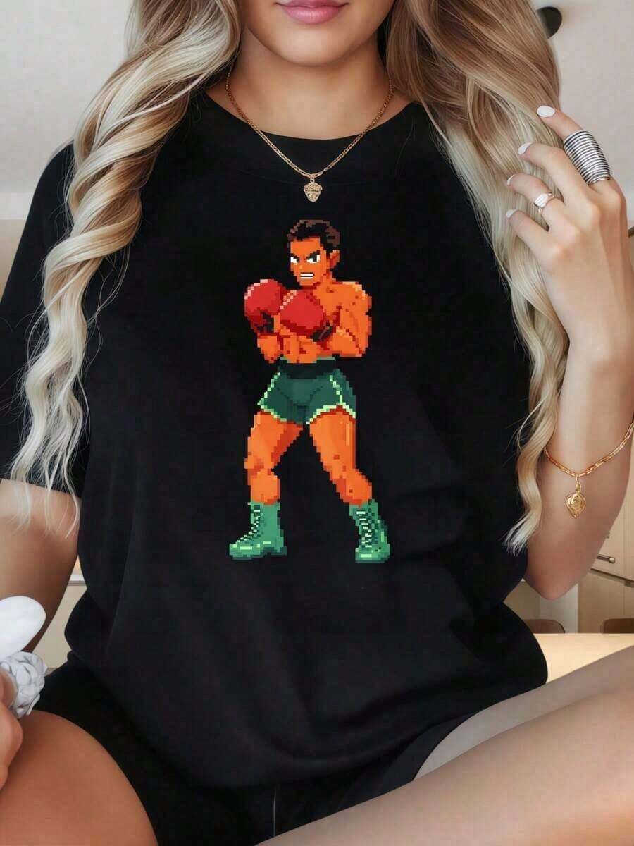 Camiseta de manga corta con cuello redondo para mujer, con estampado gráfico de artista de boxeo en estilo pixel art. Camiseta casual negra para mujer, estilo streetwear, camiseta de moda. Los estampados divertidos son adecuados para fiestas de Navidad, actividades deportivas, fiestas de vacaciones, salidas, deportes y otros regalos navideños (220g). - Negro - Ver 1