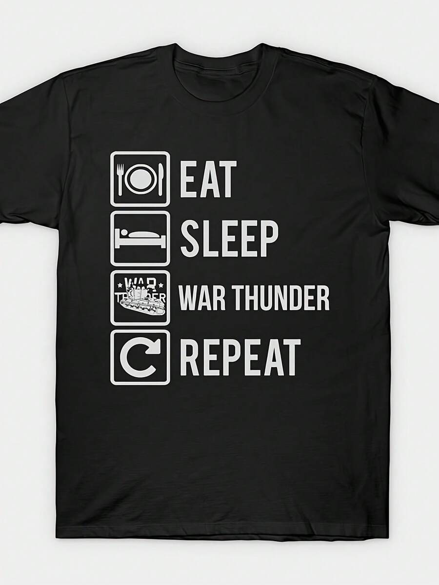 Unisex War Thunder Gamer T-Shirt, Bold 'Eat Sleep Game Repeat' Print, Loose Fit, Stretch Fabric, All-Season Comfort, Casual T-Shirt For War Thunder Fans, Durable Casual Wear, Iconic Geometric Pattern, Crew Neck, Dropped Shoulders, Short Sleeve - 黑色 - 查看 1