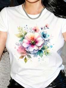 Spring Floral Print T-Shirt, Watercolor Painting T-Shirt, Blooming Flower T-Shirt, Women's Sportswear, Women's Casual Blouses - 白色的 - 查看 1