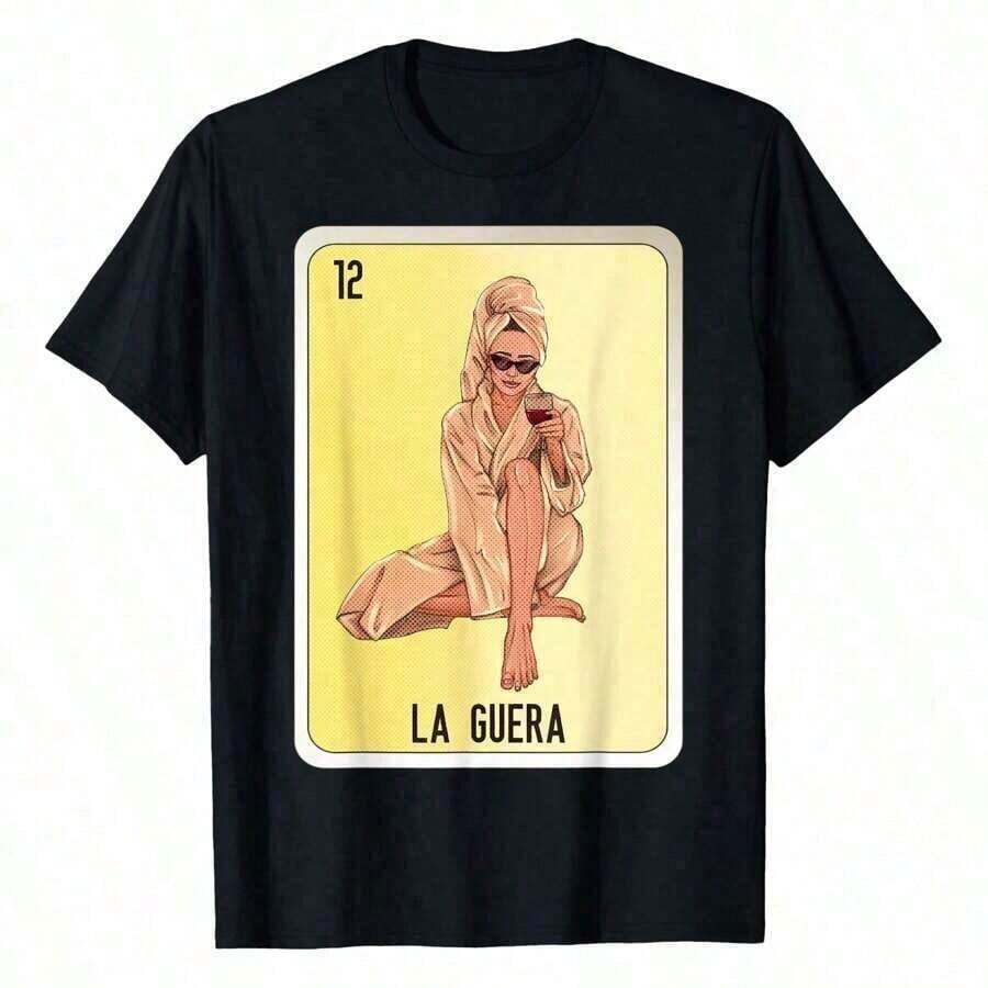 Camiseta de bingo con tarjetas de lenguaje mexicano La Guera, camiseta impresa para mujeres, 180g, moda retro, camiseta de manga corta para mujeres, cuello redondo, casual, para uso diario en las cuatro estaciones, regalos de vacaciones, camisetas gráficas, camisas para hombres, ropa de calle, camisa blanca, camisa negra, suelta y cómoda - Negro - Ver 1
