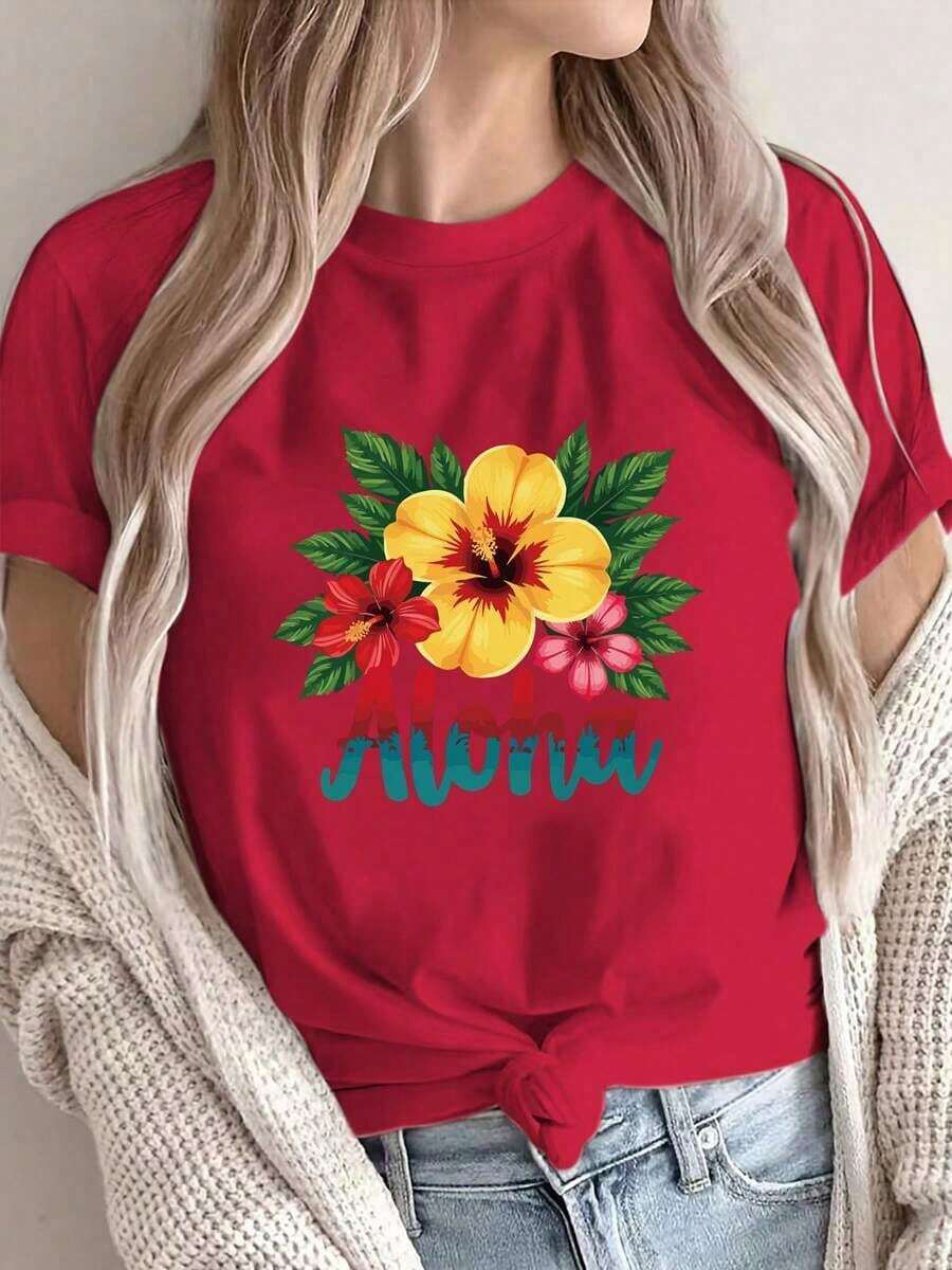 Lightweight T-Shirts With  Floral And Letter Prints, Casual Short-Sleeved Round Neck T-Shirt, Women's Clothing, Standard Size Women's Clothing, 100% Cotton, Popular Choice. - 紅色的 - 查看 1