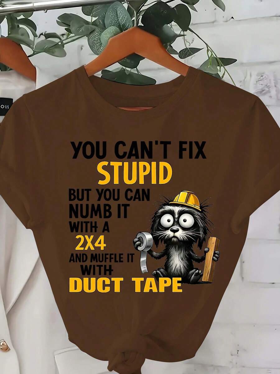 Plus Sizes - Plus Sizes - Women's Plus Size Casual And Printed T-Shirts 0-8XL, Fashionable Base Layer For Everyday Outings, Unique And Suitable For All Seasons, Short Sleeve T-Shirts Available In Multiple Colors. You Can't Fix Stupidity - 駱駝 - 查看 1