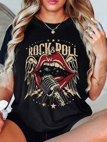 New 2026 Women's T-Shirts, Unique Y2K Rock And Roll T-Shirt With Vintage Lips And Microphone Design, Ideal For Music Lovers And Urban Style, Perfect For Highlighting Your Personality And Adding A Touch Of Current Fashion To Any Occasion. - 黑色 - 查看 6