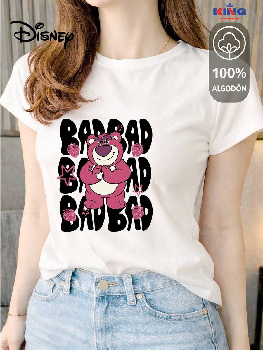 This High-Quality 100% Cotton T-Shirt Guarantees Exceptional Softness To The Touch, A Round Neck With A "Disney Bad Bear" Print, And Short Sleeves. - 白色 - 查看 1