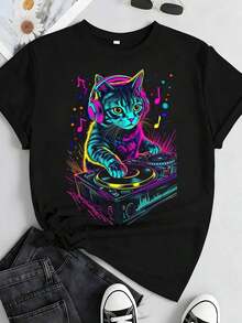 Men's Pure Cotton T-Shirt With Cat Graphic Design, DJ Techno EDM Rave Style, For Cat Lovers - Black 4 - View 8
