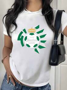 100% Cotton. Symbol Of Energy And Sporting Pride Inspired By The Winning Spirit Of The Club Represented With A Golden Crown And Green Petals. Women's 100% Cotton T-Shirt. Women's Simple Solid Color T-Shirt, Loose And Slim Fit Casual Short Sleeve - 白色的 - 查看 1