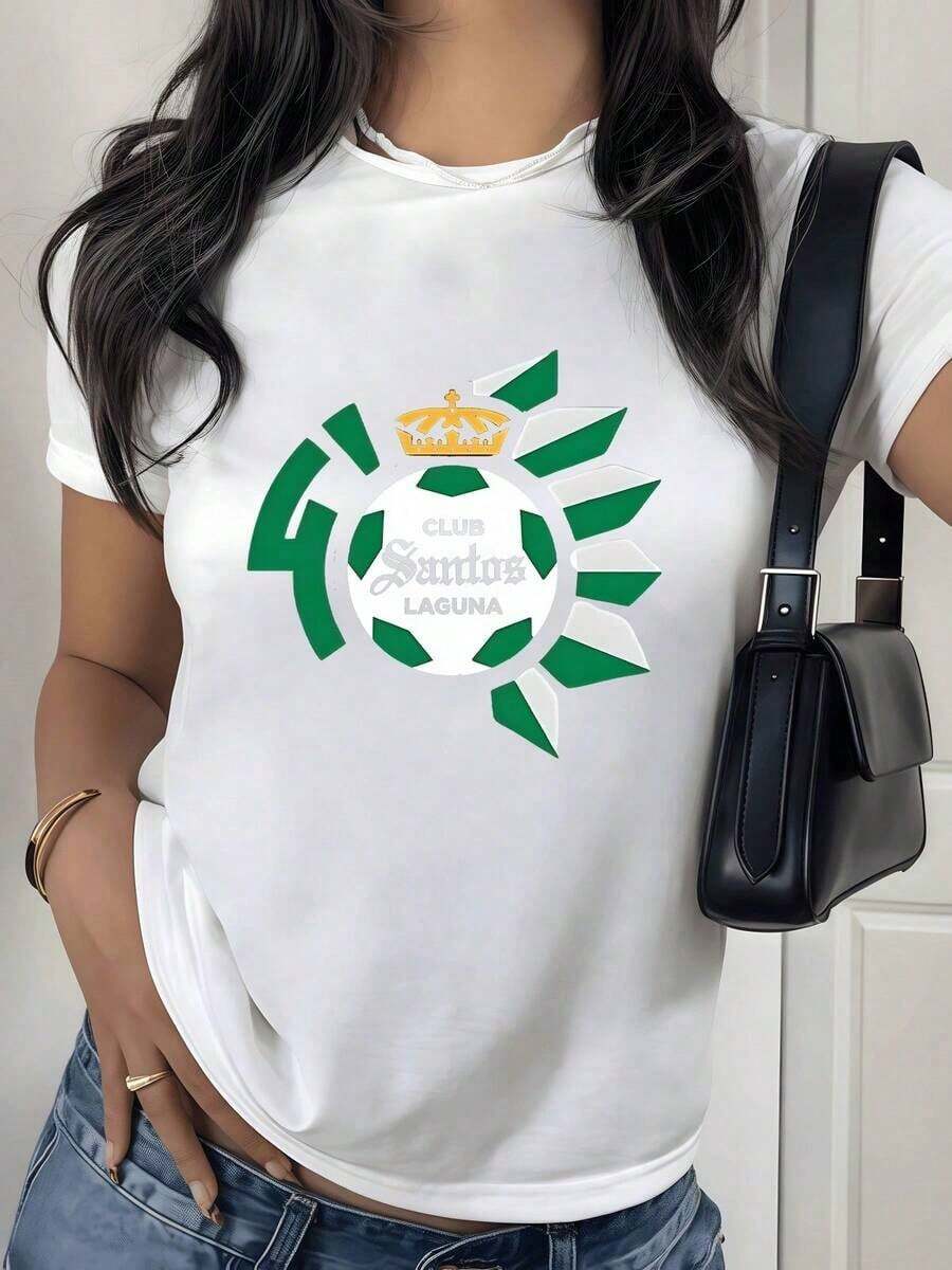 100% Cotton. Symbol Of Energy And Sporting Pride Inspired By The Winning Spirit Of The Club Represented With A Golden Crown And Green Petals. Women's 100% Cotton T-Shirt. Women's Simple Solid Color T-Shirt, Loose And Slim Fit Casual Short Sleeve - 白色的 - 查看 1