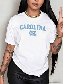 100% Cotton Carolina Lettering And Iconic Logo Celebrating The University's Heritage With A Modern Twist. Women's 100% Cotton T-Shirt Perfect For Proud Fans. Women's Simple Solid Color T-Shirt, Loose And Slim Fit Casual Short Sleeve - 白色的 - 查看 12