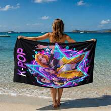 1 pieza Toalla de playa con estampado de grupo de chicas K-POP multicolor, material de microfibra, secado rápido, suave y absorbente, adecuada para baño, playa, piscina, gimnasio, toalla de baño versátil de uso múltiple - Negro - Ver 21
