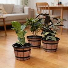 复古木桶造型塑料花盆，小型花桶花盆，适用于室内外庭院家居装饰、花园装饰、园艺用品 - A - 查看 7