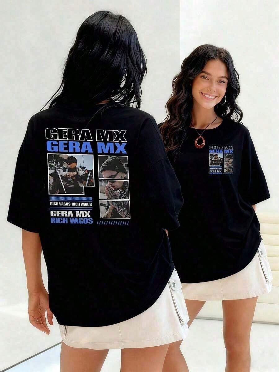 Camiseta 100% Algodón de Peso Pesado en Blanco y Negro, Estampado de Letras y Patrones Populares, Unisex, Manga Corta, Nueva para Primavera/Verano y Otoño, Transpirable y Cómoda, Sencilla y Versátil, Estilo Urbano, Conjunto para Parejas - Negro - Ver 1