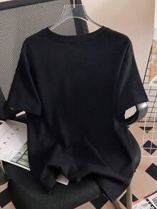 Camiseta de Mujer Talla Grande - Camiseta con Estampado de Letras, Manga Corta, Cuello Redondo, Estilo Casual para Verano y Primavera, Ropa de Mujer Talla Grande, Camisetas para Salir de Noche para Mujer - Negro - Ver 3