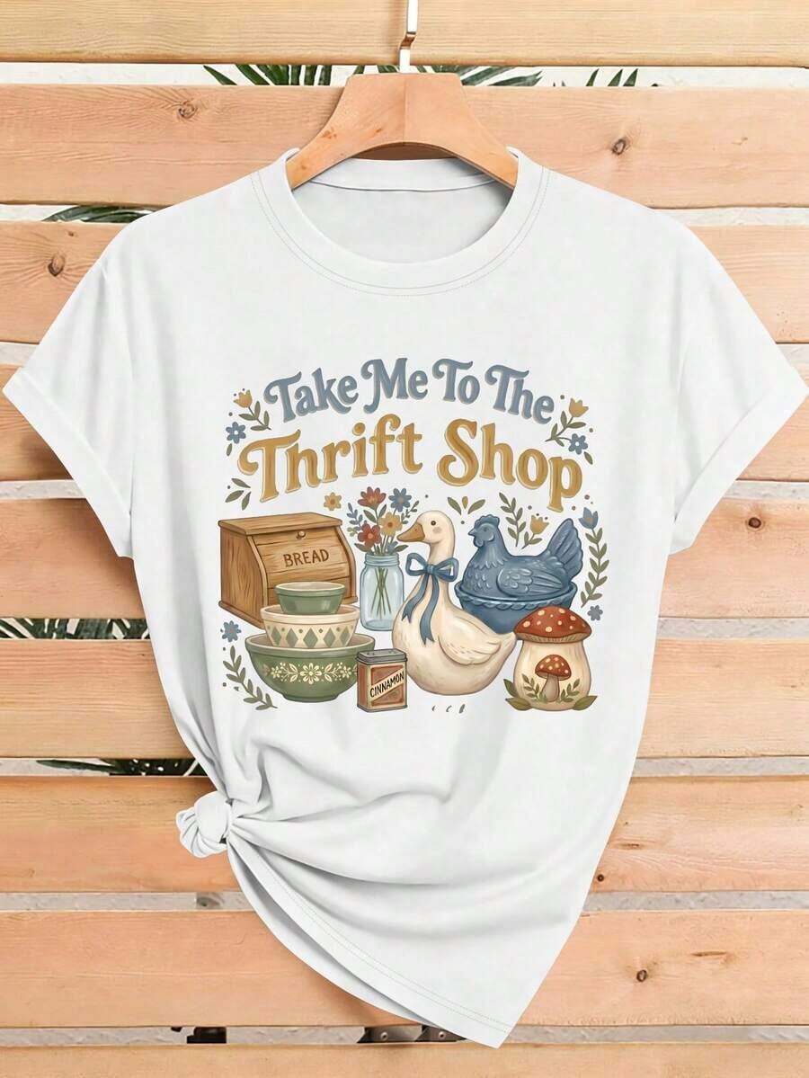 Heavyweight: La mujer me llevó a una tienda de artículos antiguos. Camiseta con Estampado Bohemio, Top Casual de Manga Corta y Cuello Redondo, Perfecta para Primavera y Verano, Un Regalo Ideal para Cumpleaños o Fiestas, Camiseta Casual para el Trabajo, Top Minimalista de Manga Corta para la Oficina y Otoño, 100% Algodón, Éxito de - Blanco - Ver 1