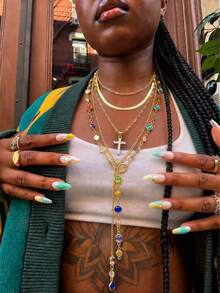 5pcs/Set Colorful Crystal Cross Pendant Layered Y-Necklace, Suitable For Beach, Vacation, Daily, Party Wear, Gift For Friends And Girlfriends - Yellow Gold - View 2