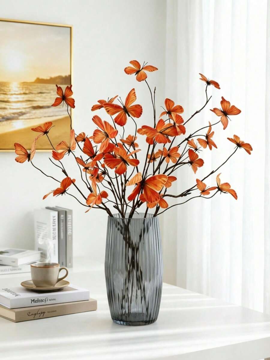 4/2/1pc Orange Artificial Butterfly Flower Branches,29.53"Silk Fake Butterfly Flower Realistic Artificial Flowers For Home Wedding Party Decor, DIY Vase Arrangements Decoration Supply, Living Room Table Decorations, Summer Father's Day Floral - Orange - View 1