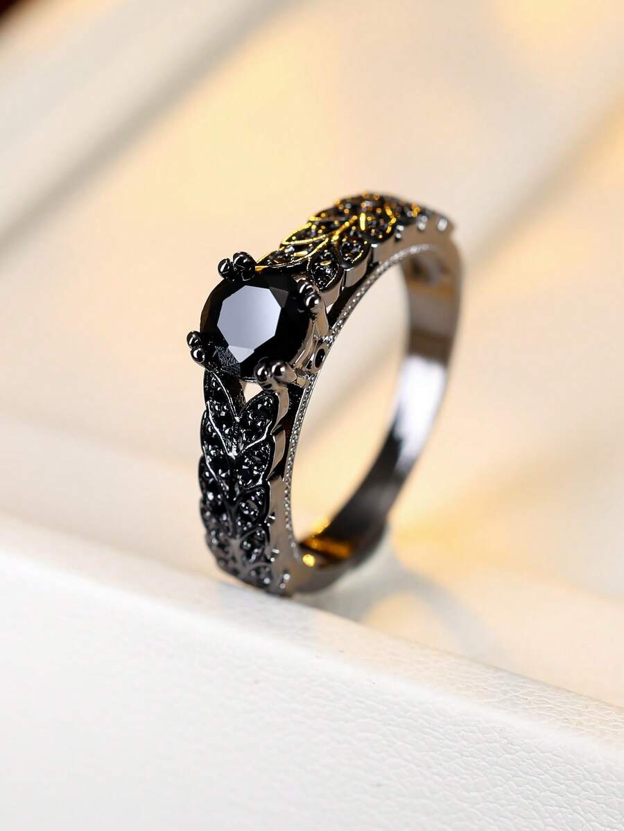 1 Stück neuer Cut Out Blumenmuster Schwarzer Ring, Nischen Dunkel Stil Schwarz Beschichteter Personalisierter Ring, Unisex Schmuck - Ring - Übersicht 1