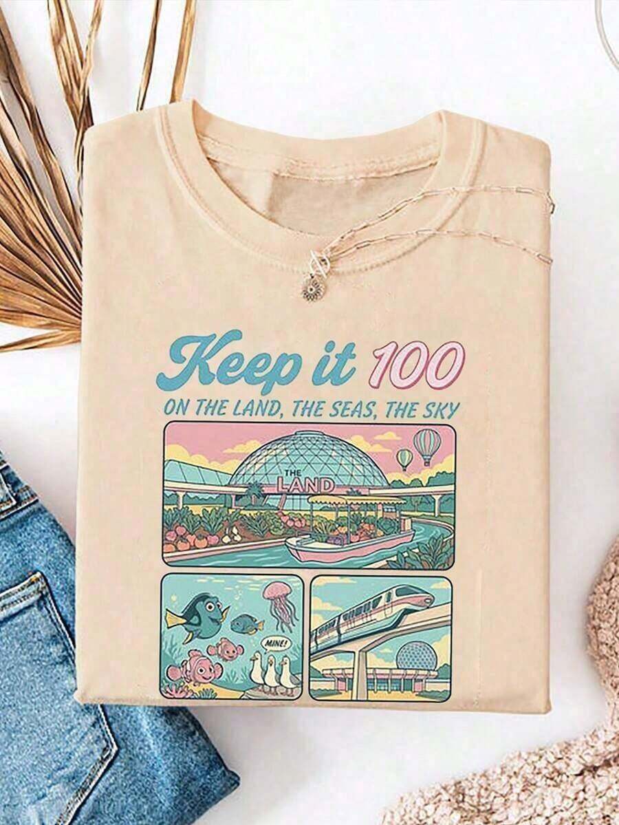 Women's Casual Short-Sleeve T-Shirt In Washed Cotton With A Round Neck And Short Sleeves Featuring A Letter Print. 100% Cotton - 杏 - 查看 1