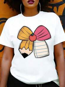 Camiseta de Mujer con Diseño Lindo y Colorido, con Patrón de Lápiz y Cuaderno con Lazo, Ideal para la Escuela o Uso Casual, Regalo Perfecto para Estudiantes y Maestros - Blanco - Ver 6