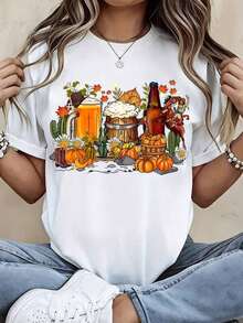 Camiseta de manga corta con cuello redondo y estampado para mujer Cerveza Calabazas Cactus Flores Caballo S-3XL moda, cómodo y transpirable Unio lavable a máquina - Blanco - Ver 2