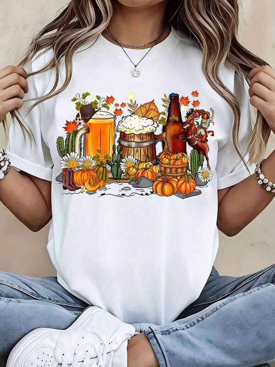 Camiseta de manga corta con cuello redondo y estampado para mujer Cerveza Calabazas Cactus Flores Caballo S-3XL moda, cómodo y transpirable Unio lavable a máquina