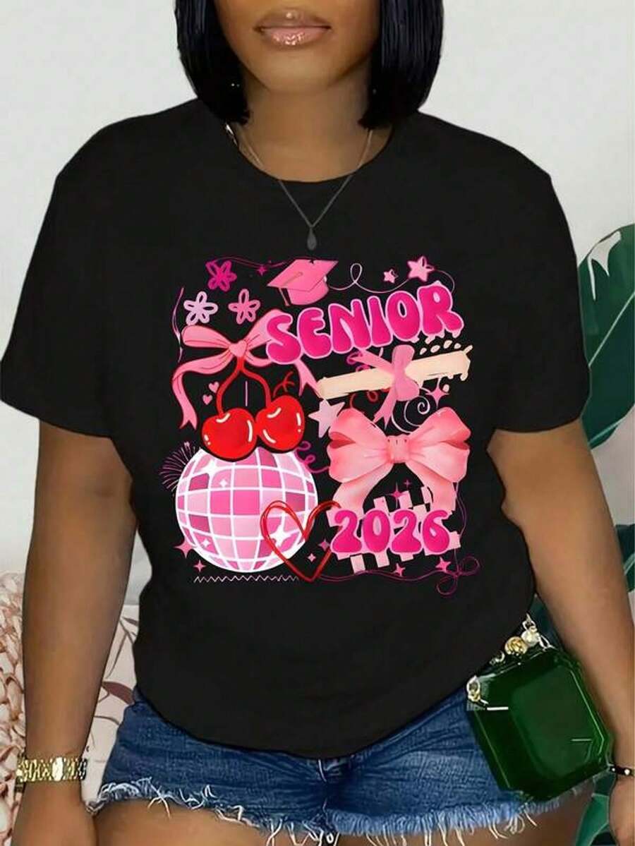 Women's Short Sleeve Crew Neck T-Shirt With Pink Cherry Blossom Disco Ball Print, Senior Graduation, Sizes S-3XL, Fashionable, Comfortable And Breathable, Machine Washable - 黑色 - 查看 1