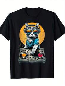 Men's DJ Cat Graphic T-Shirt - Black, 100% Cotton, Short Sleeve, Crew Neck, Casual Fit, Cool Cat Design With Headphones And Fashionable Glasses, Lightweight And Breathable For Casual Wear, Quality Funny Graphic T-Shirt - 黑色 - 查看 6