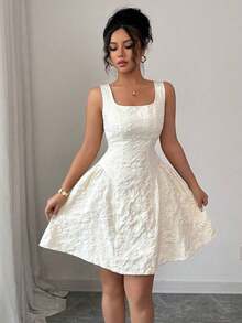 Vestido corto de mujer con textura jacquard color albaricoque, espalda descubierta y cierre con lazo en la cintura - Albaricoque - Ver 5
