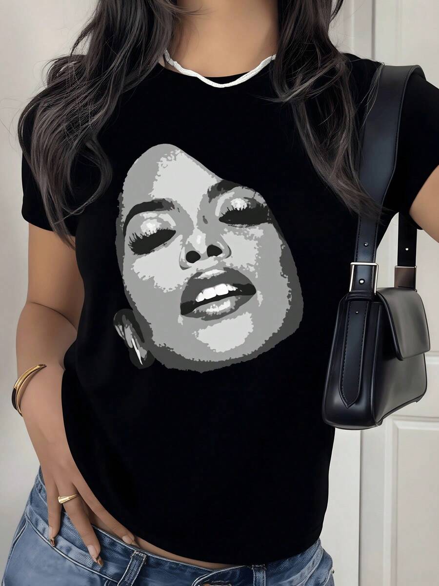 Figura de flores silvestres que simboliza libertad y energía positiva reflejando la conexión con la naturaleza y el espíritu vibrante del día camiseta de mujer cómoda para uso diario elegante y moderna - Negro - Ver 1