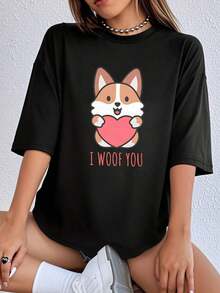 Valentine's Day Corgi Dog Heart Print Crew Neck T-Shirt, Cute Casual Cartoon Animal Design For Women, Daily Wear, Valentine's Day Gift, 180g - 黑色 - 查看 1