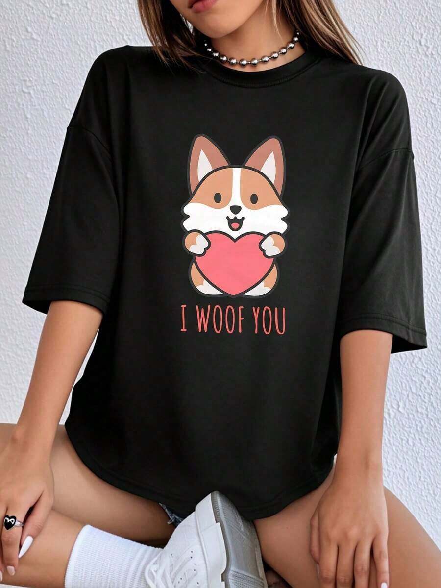 Valentine's Day Corgi Dog Heart Print Crew Neck T-Shirt, Cute Casual Cartoon Animal Design For Women, Daily Wear, Valentine's Day Gift, 180g - 黑色 - 查看 1