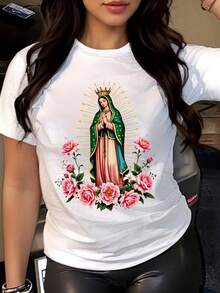 Women's Printed T-Shirt With A Virgin Mary Design - Casual Crew Neck, Short Sleeves, Ideal Gift For A Sister In Spring/Summer, Casual Wear. | Exquisite And Elegant Print | Polyester Fabric - 白色 - 查看 7